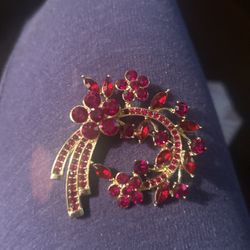 Vintage Brooch With Ruby, Red Rhinestones