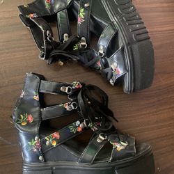 Bravo floral Platform Wedge Lace Up Sandals Women's 9