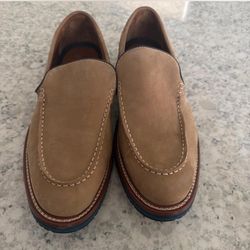 Tan and brown suede loafers