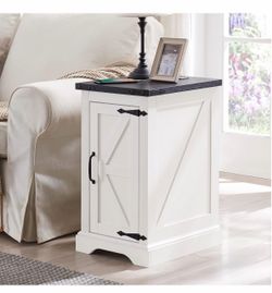 Farmhouse 17" Nightstand with Charging Station, White Rectangular/ Rustic End Table with Barn Door /Adjustable Shelf/ Wood Sofa Side Table/ for Living