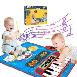 QShark 2 in 1 Music Learning Toys for Babies Ages 1, 2, 3, 13 Key Piano Keyboard and 5 Drum Kits, Built-in Demo, 4 Instrument Sounds, Volume Control,