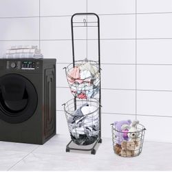 3 Tier Large Rolling Laundry Hamper on Wheels Modern Metal Black Basket Holder for Home Laundry Room, Bathroom, Kitchen - Sorting Clothing Baskets 