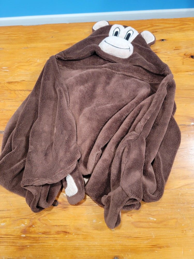 Monkey Hooded Blanket ~ Soft Fleece, Unisex, Animal, Tail, Hands, Kids, 48"×35"
