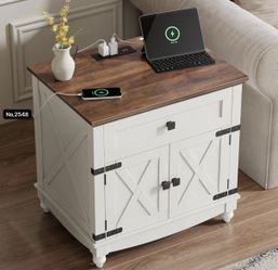 Farmhouse End Table with Charging Station, 24inch White Nightstand with Door and Storage Cabinet, Bedside End Table with Adjustable Shelf, Brown and W
