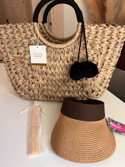 Coastal Breeze straw bag, fan, and visor hat 3 items BNWT