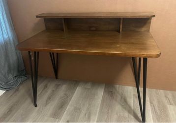 Wood Desk with Raised Shelf and Hairpin Legs