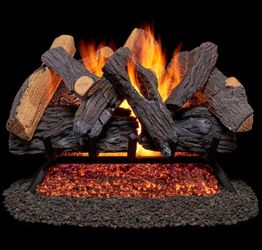 Fireplace log sets with rack and gas connections