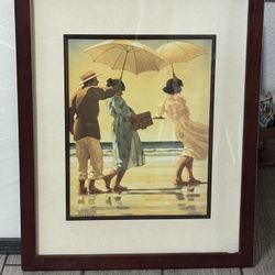 Framed Beach Scene Print - Figures with Umbrellas on Wet Sand - Signed - Coastal Wall Art