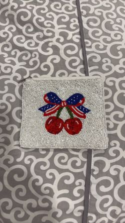 Beautiful Cherries and flag bow beaded pouch. Coin holder.