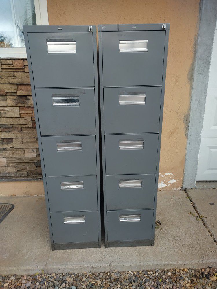 Two Tall Metal Five Drawer File Cabinets 