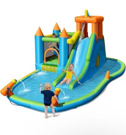 Inflatable Water Slide, 8 in 1 Jumping House with Slide, Climbing Wall, Splash Pool, Tunnel, Column, 2 Water Guns, Outdoor Bouncing Park with Carrying