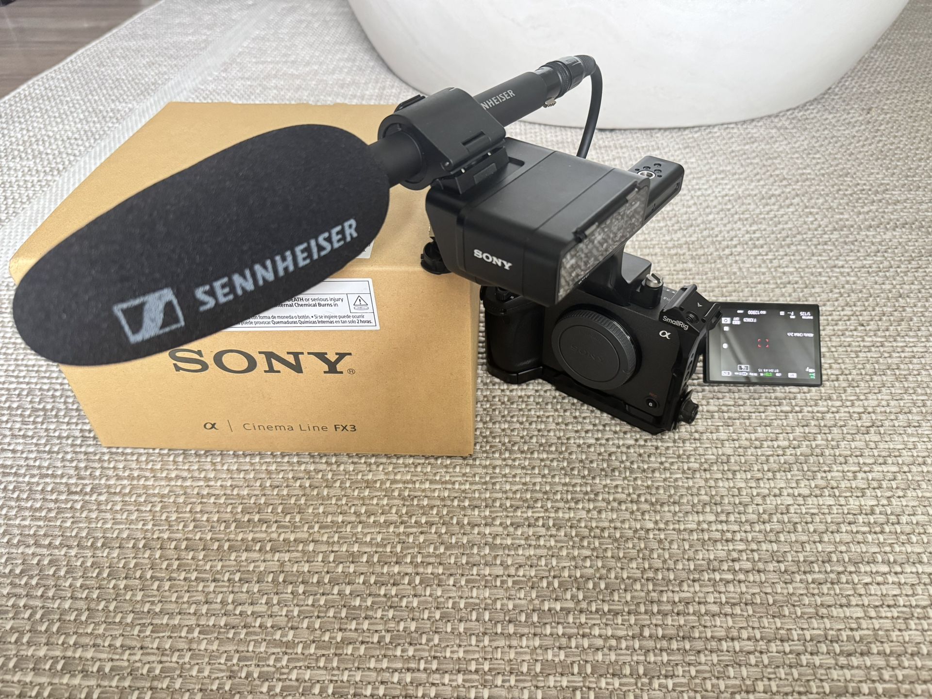 Fx Three Sony Full Line Cinema Camera With Sennheisr Microphone And Small Rig Cage