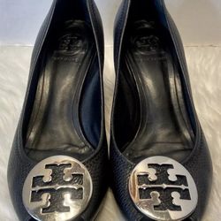 Tory Burch Peep Toe Black Leather Wedges Sally Heels,  Size 9
