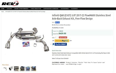 (Open box) For Infiniti Q60 (CV37) 3.0T 2017-22 FlowMAXX Stainless Steel Axle-Back Exhaust Kit, Free Flow Design