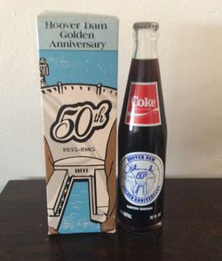 Hoover Dam 50th Golden Anniversary Coca Cola Bottle Commemorative 1985 Coke 10oz with box