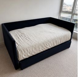 Full size Navy Upholstered Day Bed with Mattress + 2 Storage Drawers