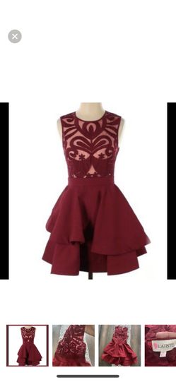 L’Atiste by Amy Red Embroidery Sheer Bust Tiered Skirt Dress