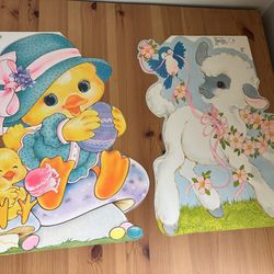 Vintage 80s 1983 Die Cut Wall Decor Easter Card stock Duckling Lamb Floral USA