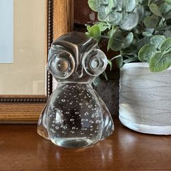 Vintage Owl Glass Paperweight with Suspended Bubbles