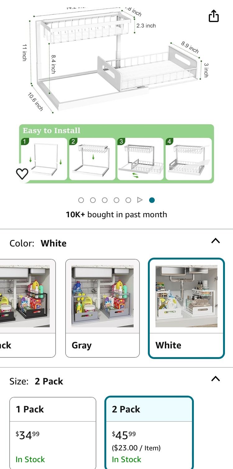 NEW! Under Sink Pull Out Cabinet Organizer 2 Tier Slide Out Sink Shelf Cabinet Storage Shelves for Kitchen/Bathroom Cabinet, White, 2 Pack