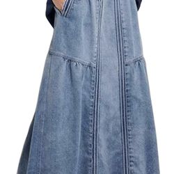 New Women’s Casual Elastic Waist Frayed Hem A-Line Long Maxi Jean Skirt 