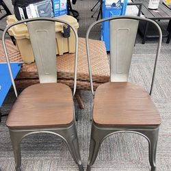 🪑 Set of 2 Tolix Metal Dining Side Chairs with Wood Seat – Stackable Bistro Café Style | New