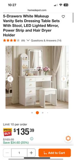 5-Drawers White Makeup Vanity Sets Dressing Table Sets With Stool, LED Lighted Mirror, Power Strip and Hair Dryer Holder