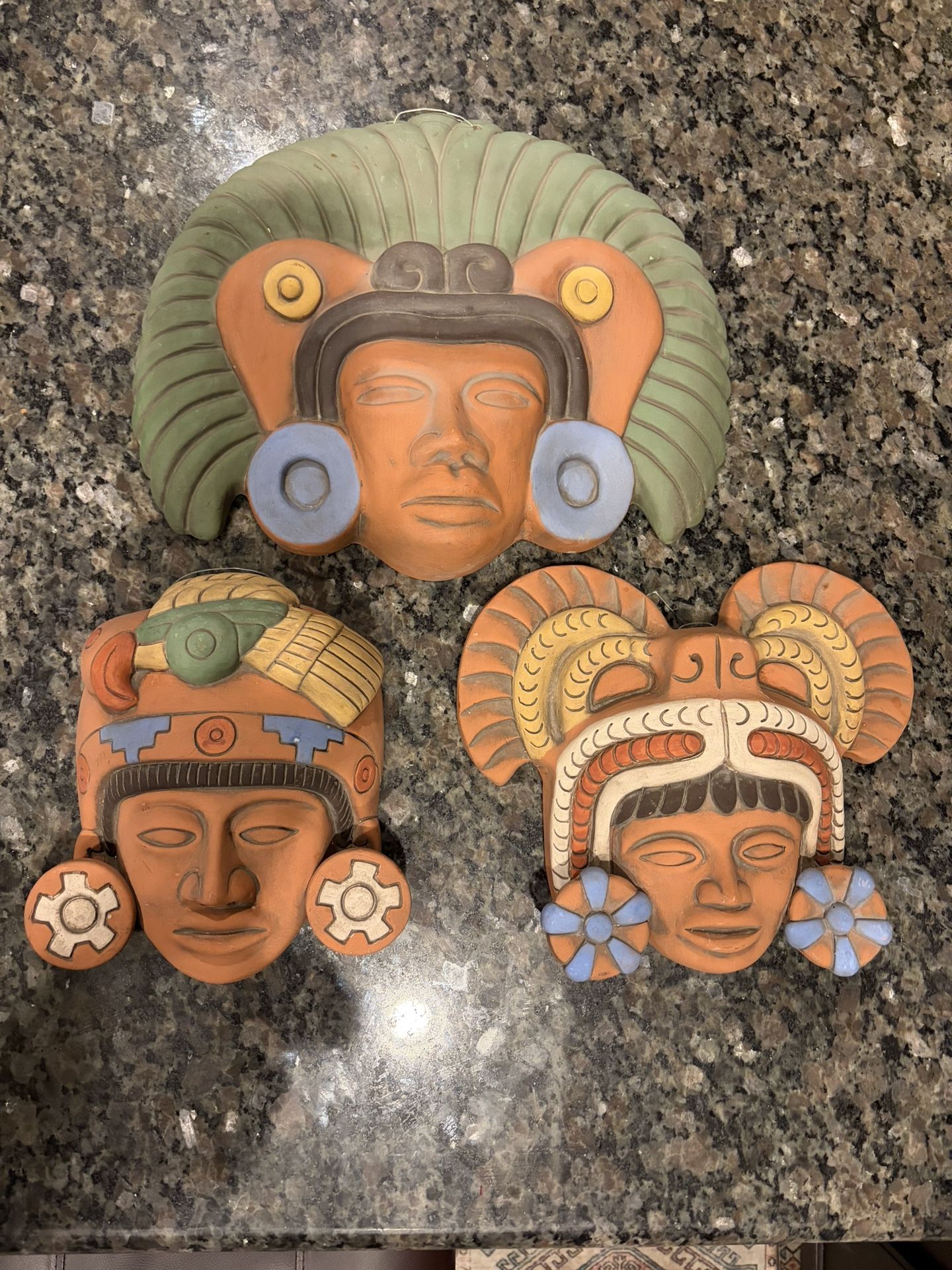 Set Of 3 Mexican Terracotta Wall Masks – Hecho en Mexico – Hand Painted Mesoamerican Style