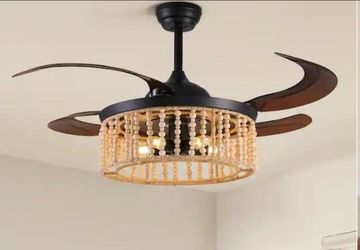 Elegant Ceiling Fan 48 in. Indoor 5-Lights Bohemian Wood Beaded Lampshade BlackRemote Control, Timer, Dimmable, Reverse Flow, Up to 300W Light Bulbs p