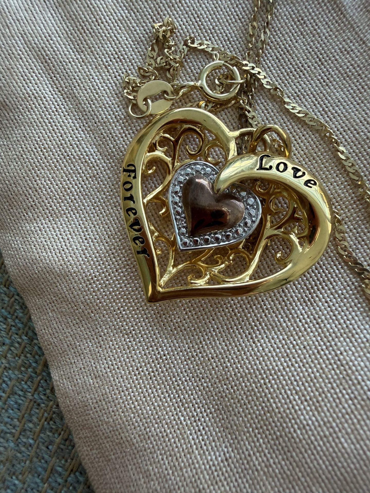 925 Sterling Silver golden tone love forever necklace 18” pendant  In great condition