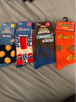 NEW lot 4 mixed Novelty crew socks   Fits men’s 6-12 -Pepsi, Reese’s, Rice Krispies and cocoa Krispies