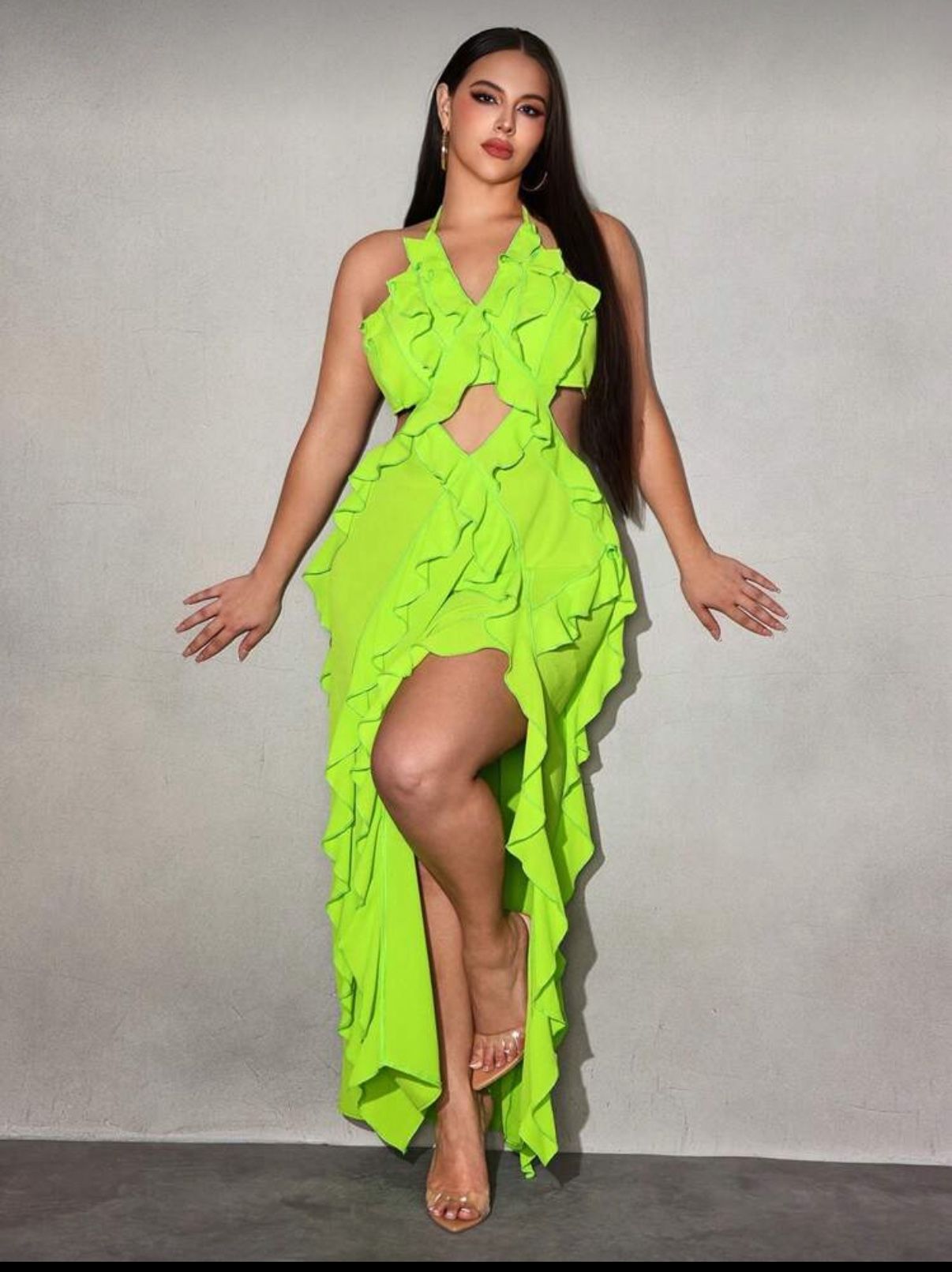 Vibrant Green Ruffle Halter Top Dress 1XL