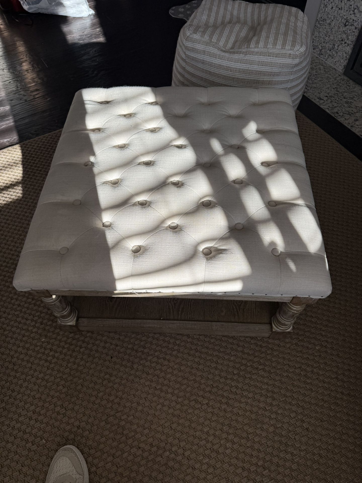 Square Linen ottoman W Mini Nailheads And A Shelf Underneath