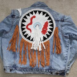 Vintage Peone Native American Style Denim Jean Jacket Women’s Size Large