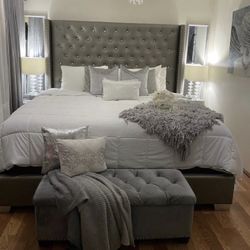 GREY BED with Extra Tall Diamond Headboard 😌😌