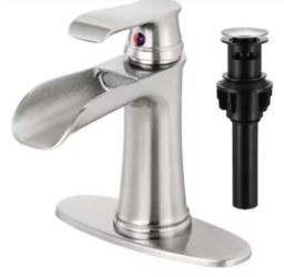 AKLFGN Single Handle Single Hole Waterfall Bathroom Faucet with Deckplate pop drain Included in Brushed Nickel