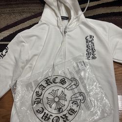 Chrome Hearts White Full Zip Logo Fleece Cotton Hoodie Hooded Size M