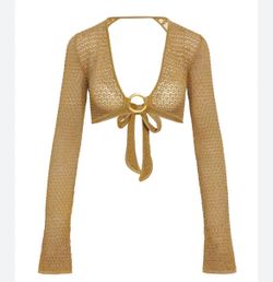 Monday Knit Cardigan Gold Viscose Tie Front Ring Deep V Long Sleeve Cropped