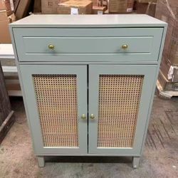 F1880 new in box mint green Shoe Cabinet with Doors and Drawer, Modern Shoe Storage Cabinet for Entryway, Mint Green Rattan Shoes Cabinet with Adjusta