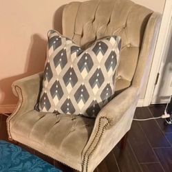 Tufted Wingback Brass Studded Armchair w/ Wooden Feet & Down Pillow