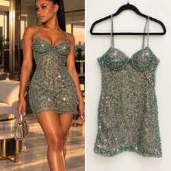 Jessica Bara Sequin Rhinestone Corset Mini Dress in Mint / Sage Green Sz Small
