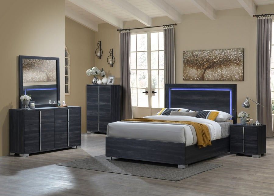 💫 Dark Gray Wood Queen Size Platform Contemporary Bedroom Set, 5 Piece, No Mattress Including. 
