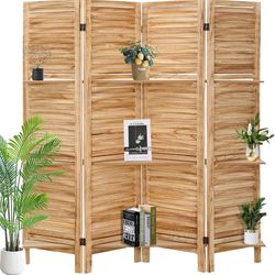 5.6FT Folding Privacy Screen with Shelves - 4 Panel Wood Room Divider for Home Office, Bedroom - Natural Color