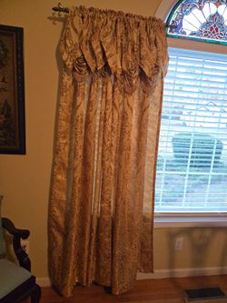 Beautiful Pair Of Damask Curtains-Gold, 83"L x 55"W