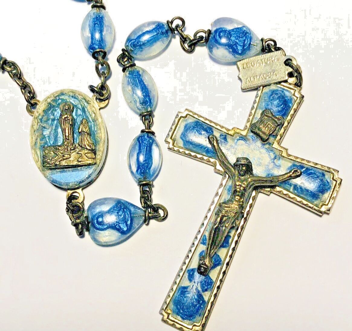 ✝️✝️✝️ VINTAGE - ANTIQUE Lourdes Rosary Lucite Blue Bubble Beads, Legatura Alpacca, Italy,1958✝️✝️✝️