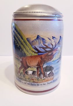 German Beer Stein with Pewter lid Deer Elk