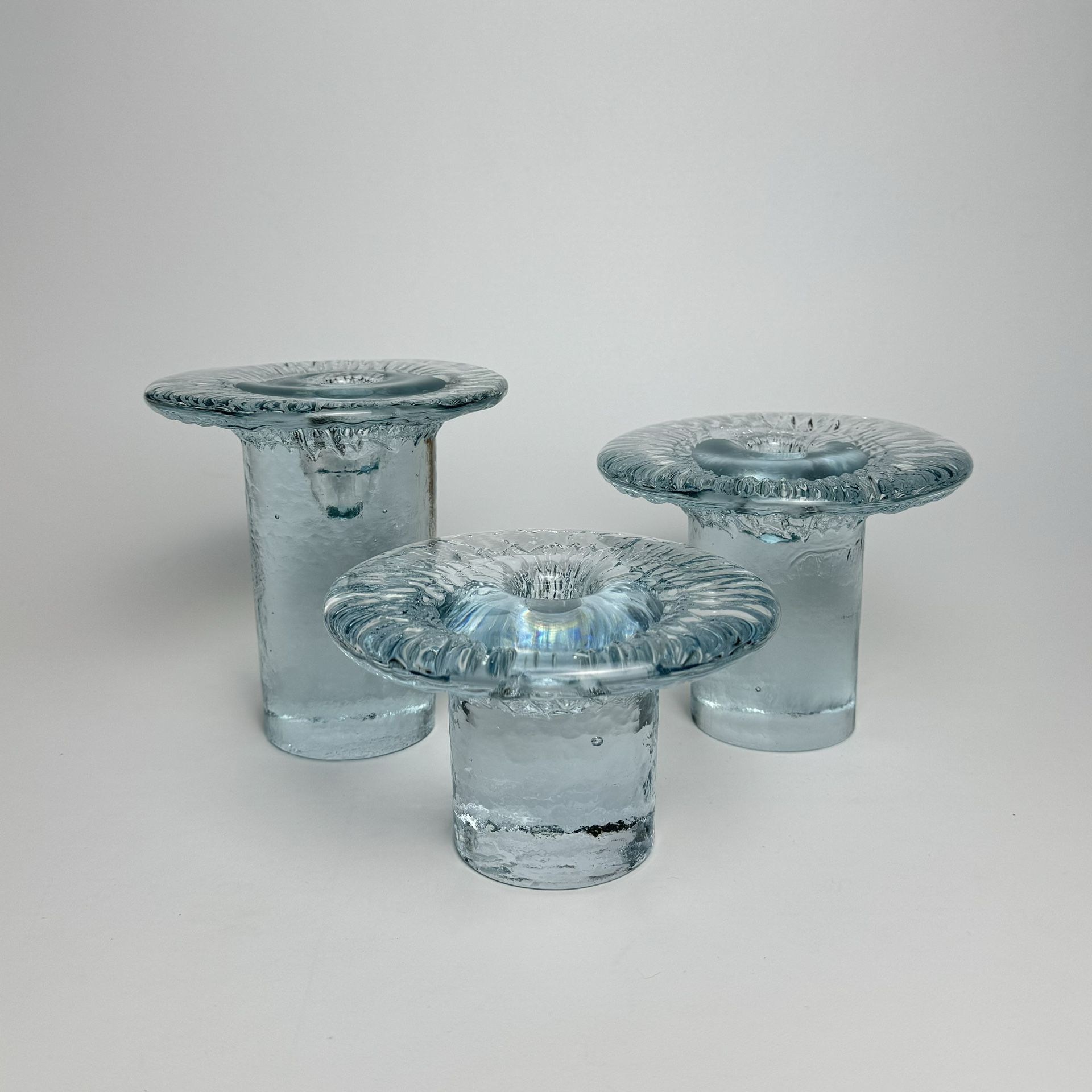 Vintage 1960’s Blenko Bubbled Clear Glass Set of 3 Mushroom shaped Candlestick Holders 