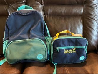 Backpack with insulated lunchbox with the name Leonardo B printed on it