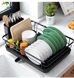Dish Drying Rack for Kitchen Counter, 12"W x 15.5'L, Black Stainless Steel Sink Organization, Cutlery Holder,