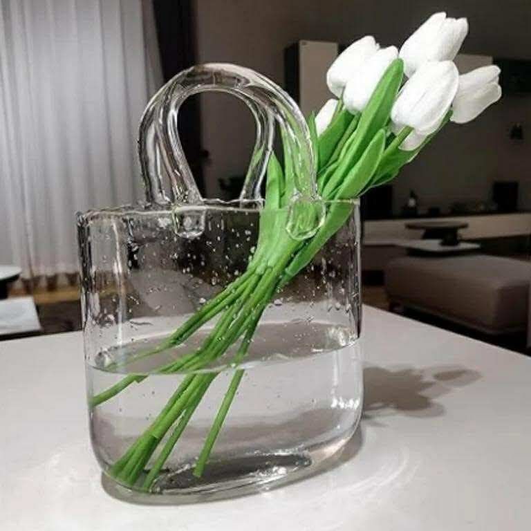 Glass Purse Vase, Handbag-Shaped Flower Vase with Handle, Clear Glass Vases for Home Décor, Weddings, Events, Office, or Table Centerpieces